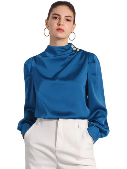 Allegra K - Satin Pleated Mock Neck Puff Sleeve Blouse