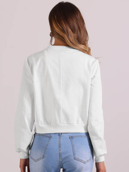 Allegra K - Stand Collar Cropped Bomber Jacket