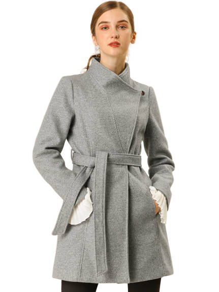 Allegra K- Classic Stand Collar Belted Long Coat