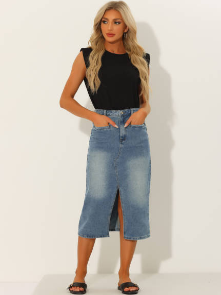 Allegra K- High Waist Slit Front Midi Denim Skirt