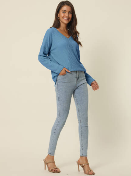 Allegra K- V Neck Waffle Knit Long Sleeve Slim Fit Top