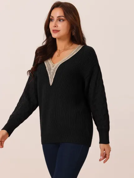 Allegra K - Lace V Neck Drop Shoulder Sweater