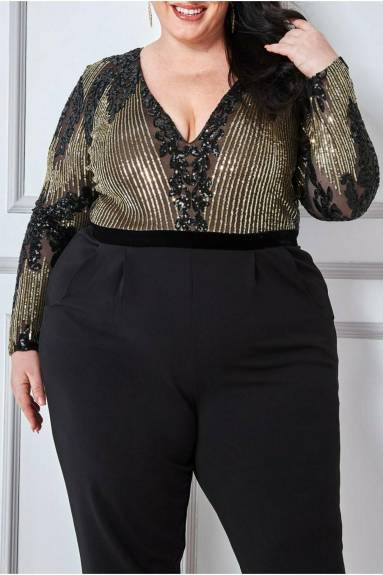 Goddiva - Sequin & Mesh Jumpsuit- plus size