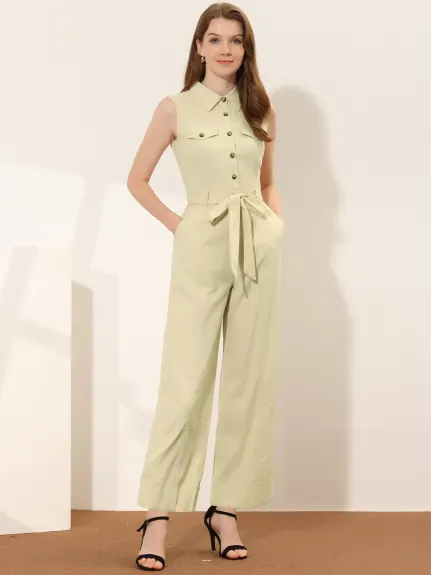 Allegra K- Sleeveless Collared Tie Waist Coverall Button Down Jumpsuit