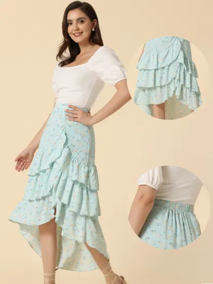 Allegra K- High Low Ruffle Hem Floral Tiered Skirt