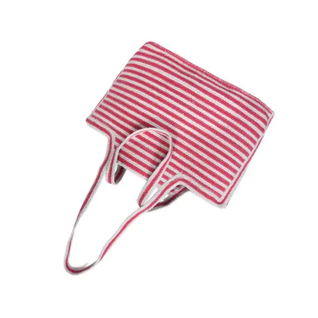 Aaron Leather Goods-Pink and White Striped Knit Jute Tote Bag