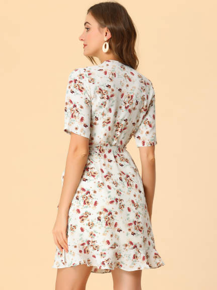 Allegra K- Mini robe florale à volants et à nouer à manches courtes bouffantes