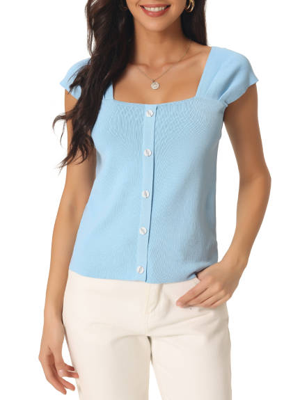 Allegra K - Square Neck Buttons Decor Knit Top