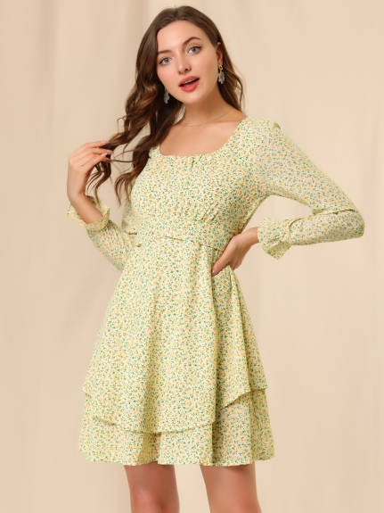 Allegra K- Puff Long Sleeve Floral Tiered Dress