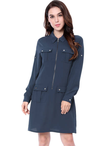 Allegra K- Roll-Up Sleeve Multi-Pocket Belted Shirt Dress