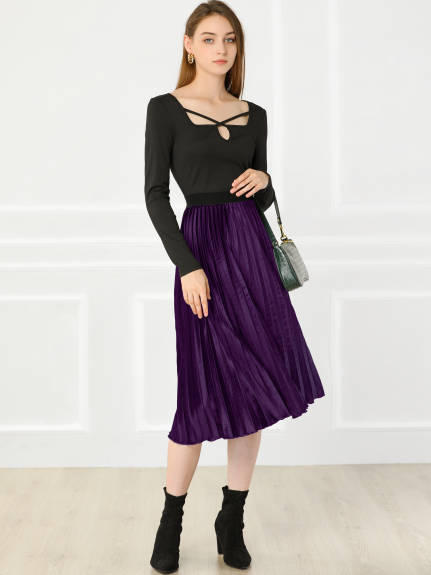 Allegra K- Winter Elastic Waist Velvet Pleated Midi Skirt