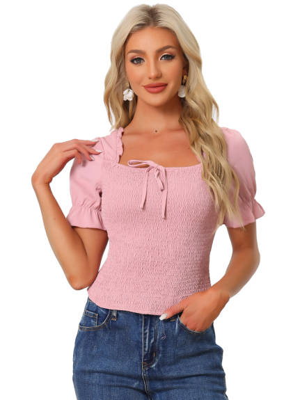 Allegra K- Square Neck Summer Smocked Blouse