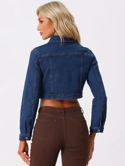 Allegra K- Long Sleeve Crop Jean Denim Jacket