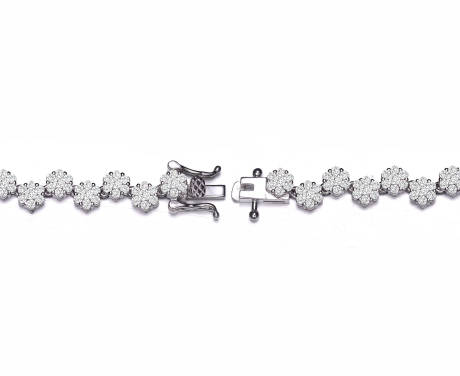 Genevive Sterling Silver White Gold Plated with Clear Round Cubic Zirconia Cluster Flower Link Bracelet