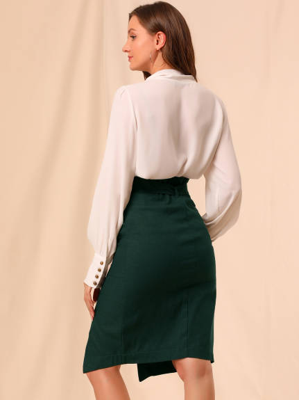 Allegra K - Button Decor Split Belted Pencil Skirt