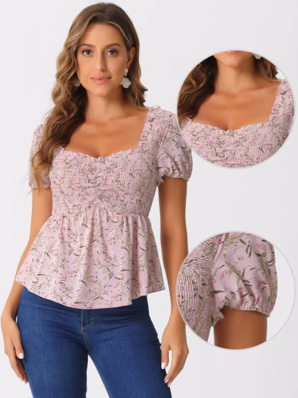 Allegra K- Floral Shirred Ruffle Peplum Top