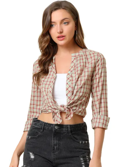 Allegra K- Plaid V Neck Long Sleeve Blouse Shirt