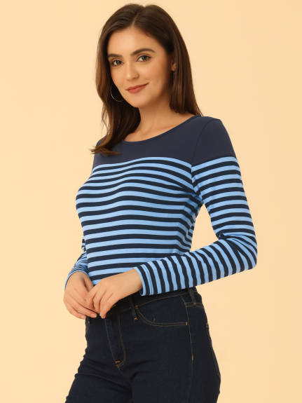 Allegra K- Color Block Long Sleeve Stripe T-Shirt