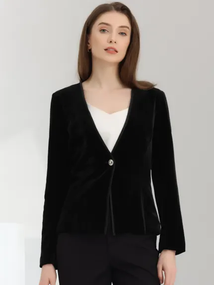 Allegra K- Collarless 1 Button Velvet Blazer