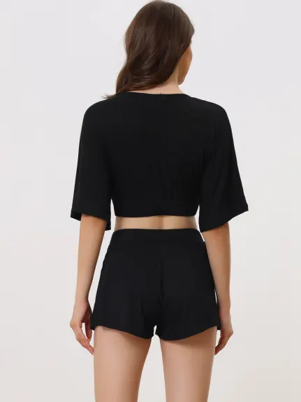 cheibear - V Neck Crop Shirt Shorts Lounge Set