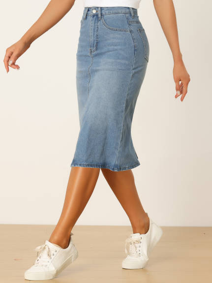 Allegra K- High Waist Split Back Denim Midi Skirt