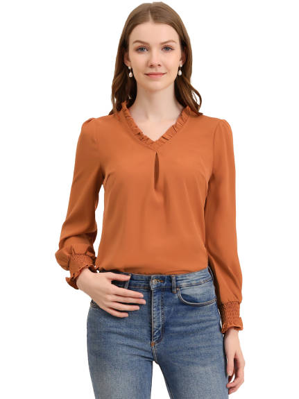 Allegra K- Ruffled V Neck Long Sleeve Blouse