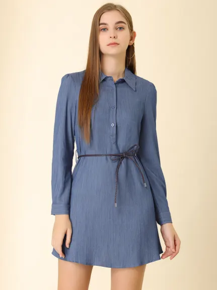 Allegra K- Puff Long Sleeve Belted Chambray Dress