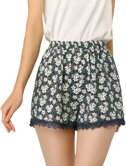 Allegra K - Elastic Waist Lace Trim Summer Floral Shorts