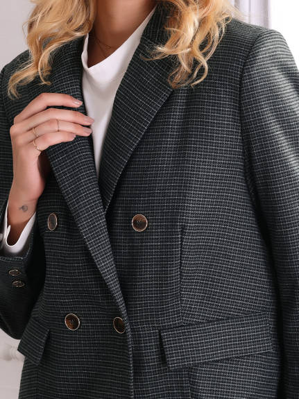 Hobemty - Long Sleeve Double Breasted Plaid Blazer