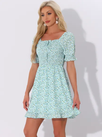 Allegra K- Puff Sleeve Square Neck Ruffled Hem Floral Smocked Dress