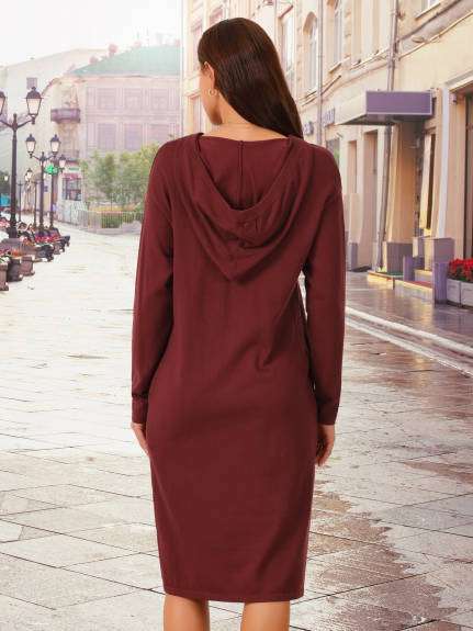 Allegra K - Fall V-Neck Long Sleeve Midi Hoodie Dress