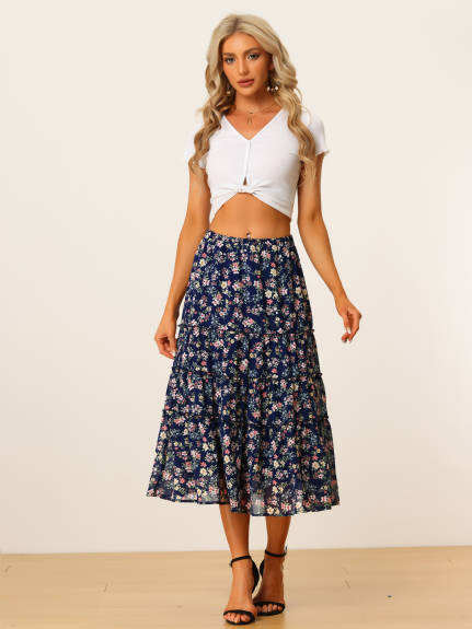 Allegra K- Floral Tiered A-Line Long Chiffon Skirt