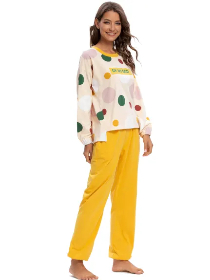 cheibear - Long Sleeve Printed Top and Pants Pajama Set