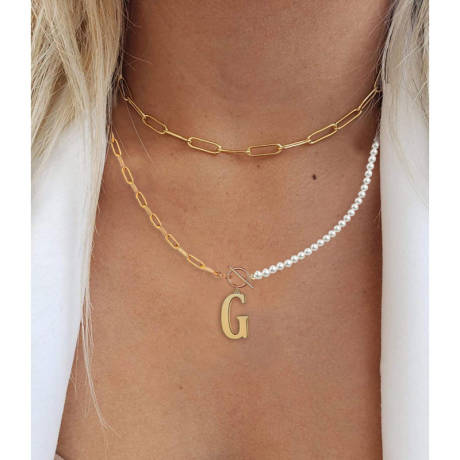 Rachel Glauber 14K Gold Plated Initial "G" Pearl Link Chain Necklace