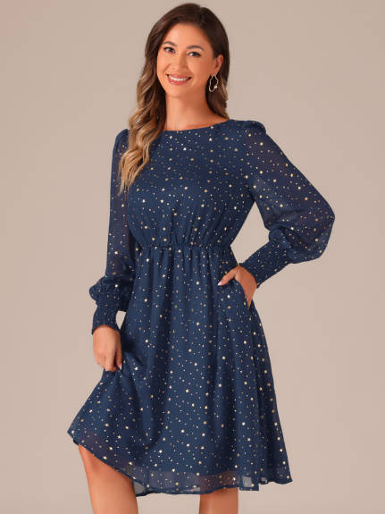 Allegra K - Puff Long Sleeve Gliding Stars Midi Dress