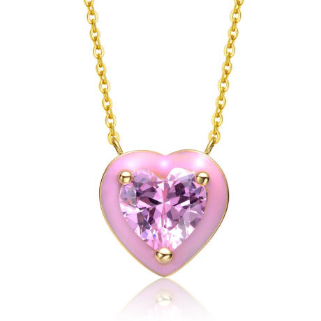 Collier avec pendentif cœur en émail rose plaqué or jaune 14 carats avec oxyde de zirconium rose