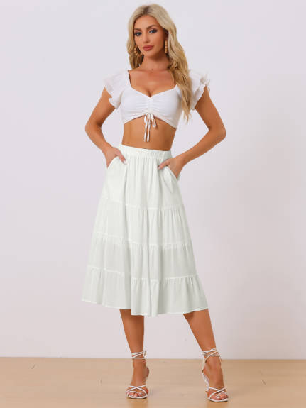 Allegra K- Elastic Waist Tiered A-Line Midi Skirt