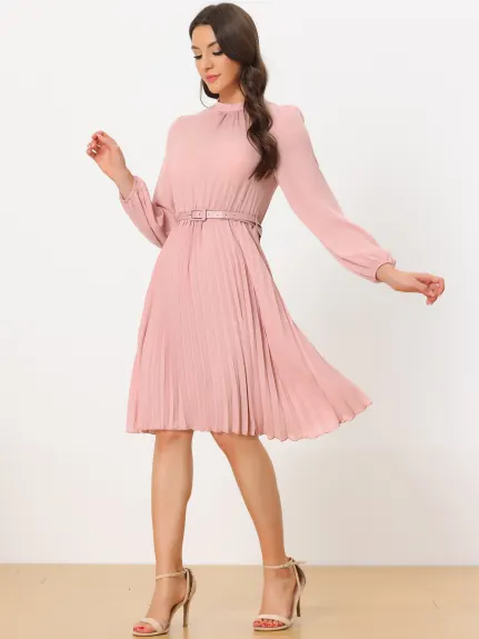 Allegra K- Elegant Long Sleeve Pleated Midi Shirt Dress