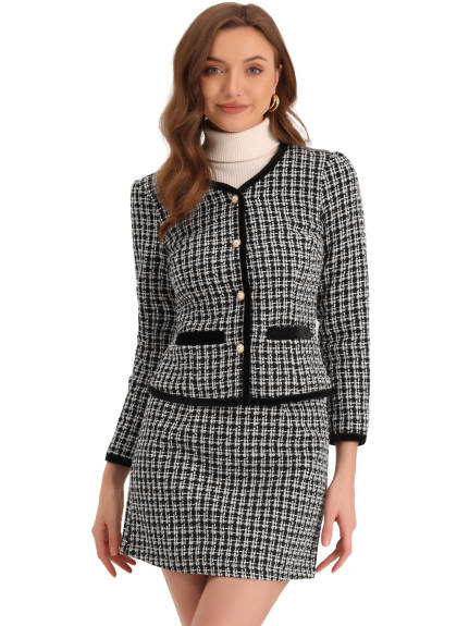 Allegra K - Plaid Tweed Short Blazer Skirt Sets