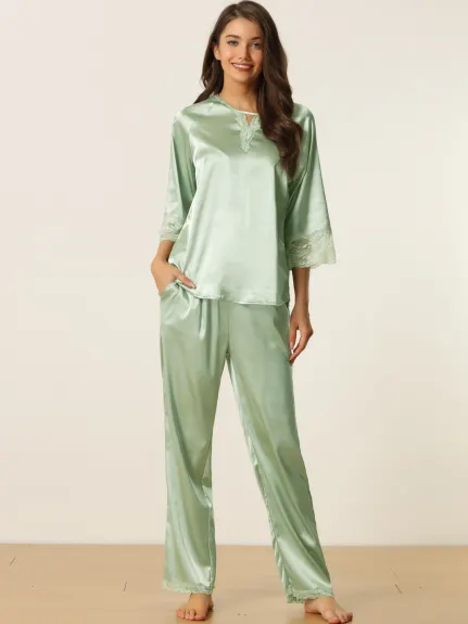 cheibear - Lace 3/4 Sleeves Lounge with Pants Pajama Set