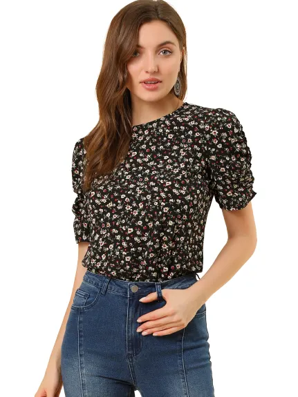 Allegra K- Floral Crew Neck Shirred Short Sleeve Blouse