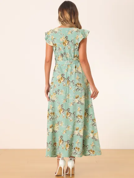 Allegra K - Summer Belted Floral Maxi Dress