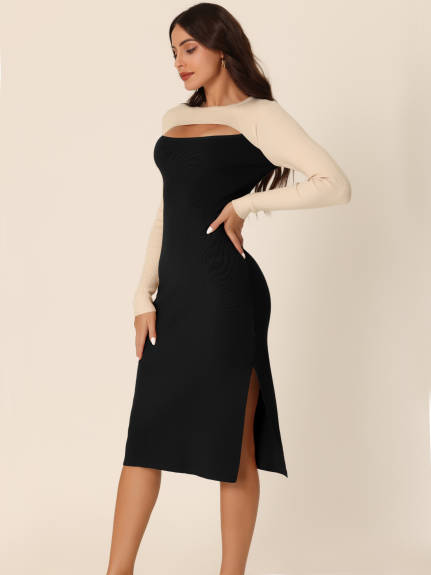 Allegra K- Crew Neck Stretch Cutout Block Ribbed Knit Midi Sweater Dress