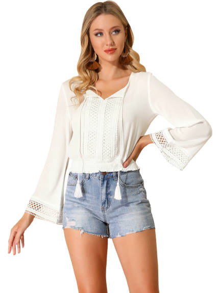 Allegra K- Lace Tie Neck Bell Sleeve Cropped Top