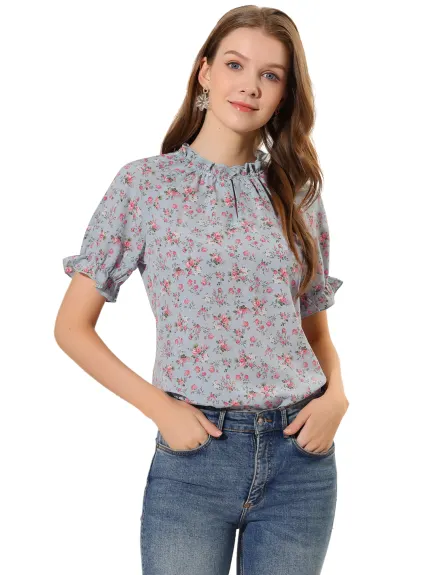 Allegra K- Floral Short Sleeve Ruffle Neck Blouse