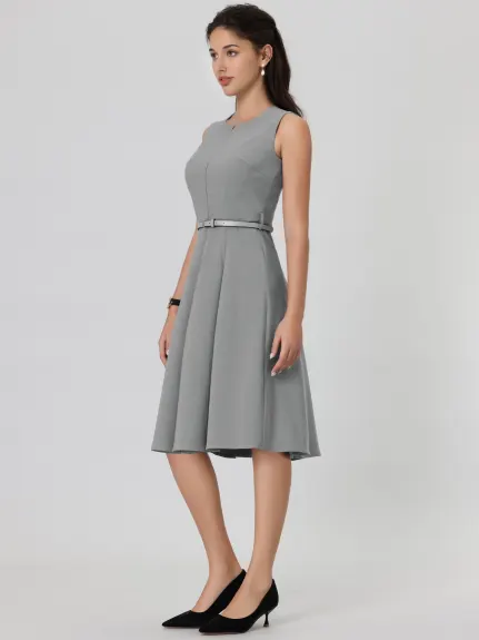 Hobemty- Sleeveless Zip Up Belted Fit and Flare Dress