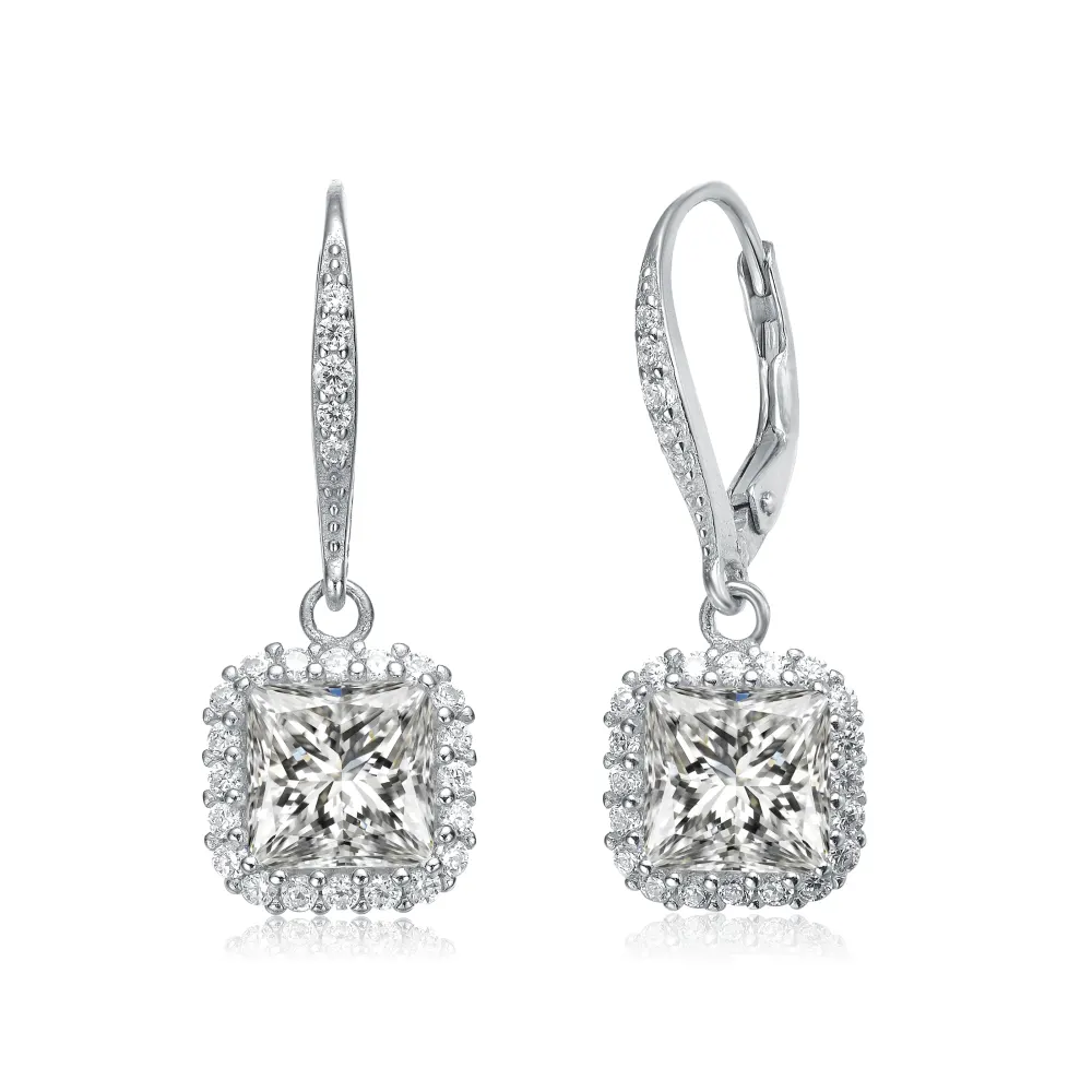 Genevive Sterling Silver with Clear Square Cubic Zirconia Drop Earrings