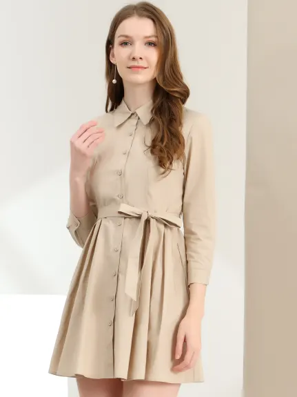 Allegra K- Point Neck Button Up 3/4 Sleeve Belted Shirt Dress