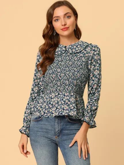 Allegra K - Peter Pan Collar Chiffon Floral Smocked Top