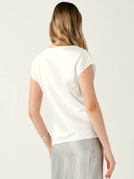 Allegra K - Cowl Neck Short Sleeve Satin Top